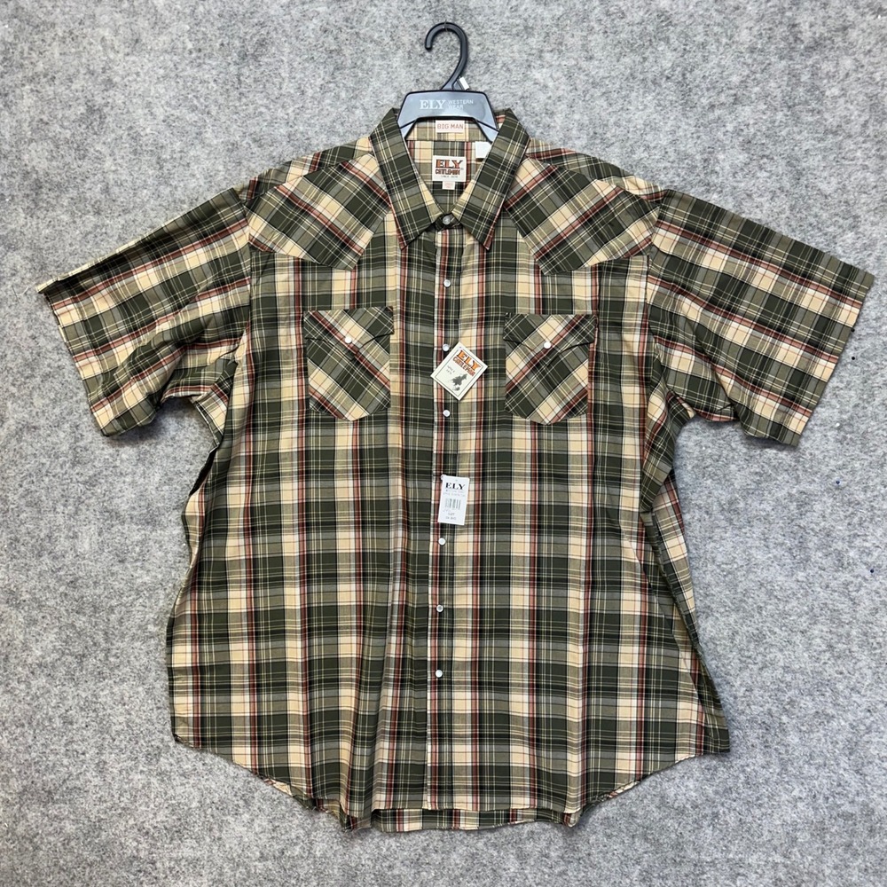 Ely Cattleman Western Shirt Mens 3XBig Olive Plaid New Pearl Snap Short Sleeve